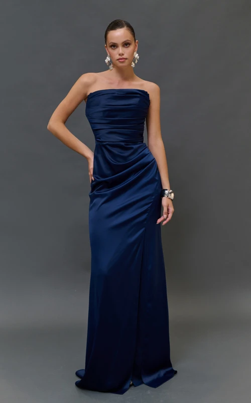 Strapless Ruched Dark Navy Sheath Floor-length Dress