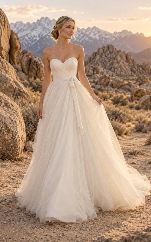 Vestido de novia sencillo, sin tirantes, de tul, corte A, escote corazón, sin mangas, con fajín y largo hasta el suelo.