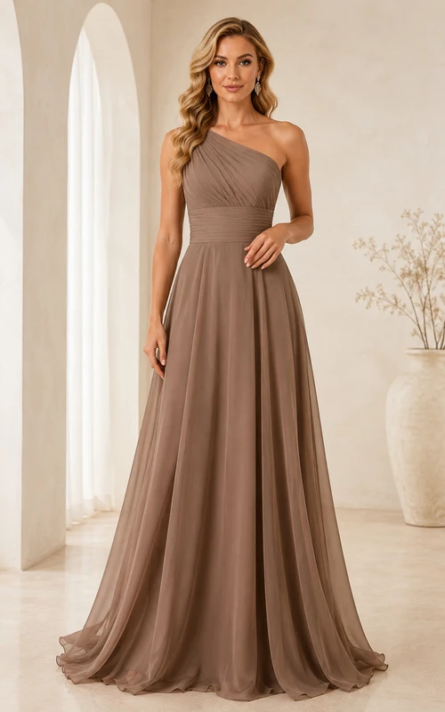 Robe de soirée asymétrique en mousseline taupe, coupe trapèze, à une épaule