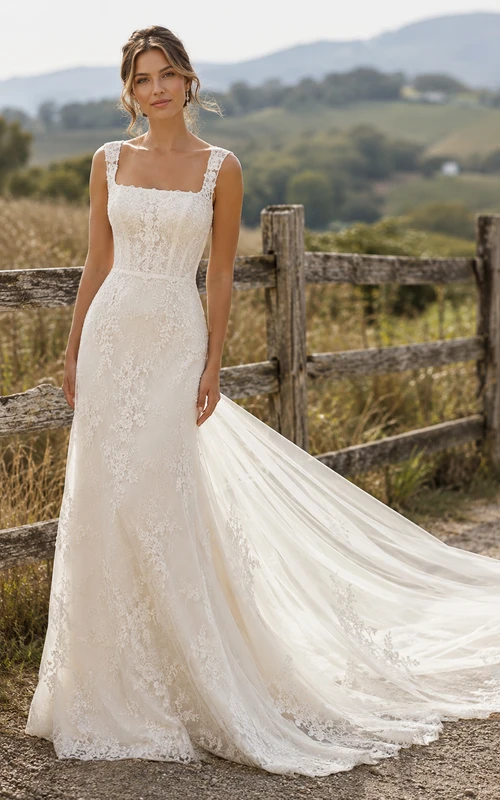 Vestido de novia campestre de encaje con tirantes cuadrados y cola de tul desmontable.