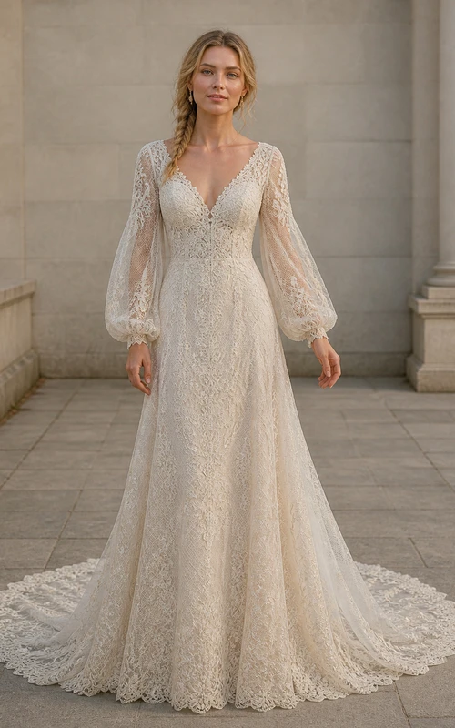 Vestido de novia bohemio de corte A con escote en V y mangas largas estilo poeta, con cola de capilla.