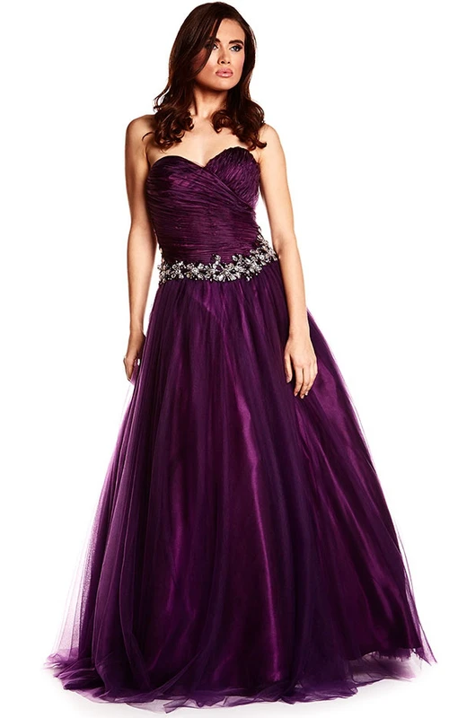 A-Linien-Abendkleid in Bodenlänge mit gekreuzten Trägern und herzförmigem Ausschnitt, ärmellos, aus Tüll und Satin, inklusive Taillenschmuck