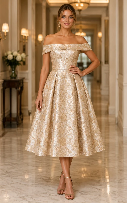 Robe cocktail en taffetas champagne, coupe trapèze, épaules dénudées, manches courtes, longueur thé