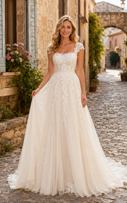 Robe de mariée champêtre en tulle et dentelle, coupe trapèze, col en V, manches courtes et traîne courte.