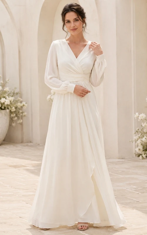 Vestido de novia modesto de gasa, corte en A, largo hasta el suelo, escote en V y manga larga