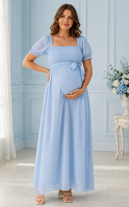 Sky Blue Chiffon Square Neck Puff Sleeve Empire Floor-length Maternity Guest Dress