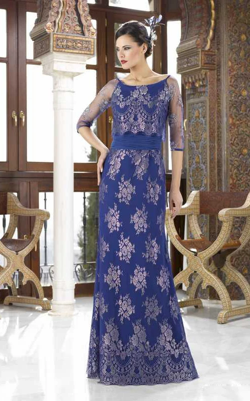 Chiffonkleid für die Mutter der Braut mit Rundhalsausschnitt, applizierten Illusionsärmeln