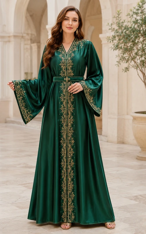 Smaragdgrünes Satin-Abaya-Kleid in A-Linie, bodenlang, V-Ausschnitt, bestickt, mit Glockenärmeln