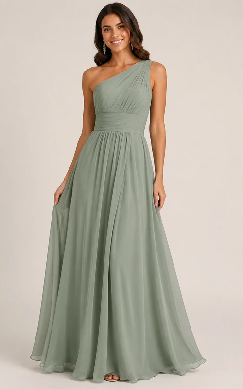Vestido de fiesta de gasa color verde salvia, de un solo hombro, corte en A, largo hasta el suelo con pliegues.