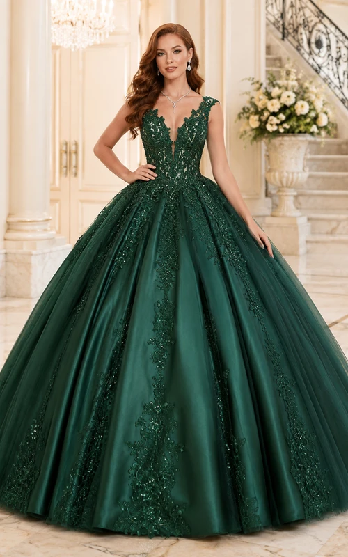 Dunkelgrünes, rückenfreies Quinceañera-Ballkleid aus Satin mit V-Ausschnitt, Perlenbesatz und Spitze