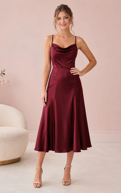 Burgundy Satin Cowl Neck Spaghetti Strap Sheath Tea Length Cocktail Dress