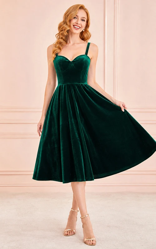 Dunkelgrünes, herzförmiges, trägerloses, plissiertes Vintage-Cocktailkleid aus Samt in A-Linie