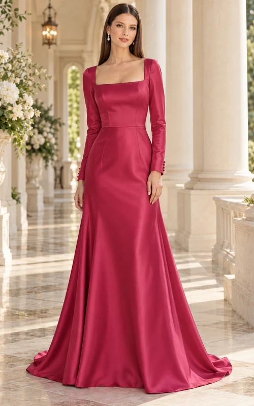 Vestido de dama de honor elegante, ajustado, acampanado, de satén frambuesa, manga larga y cuello cuadrado, estilo sirena.
