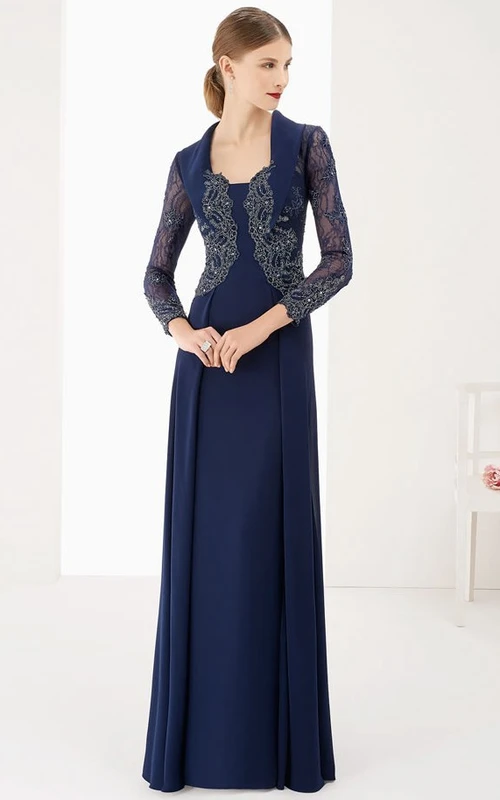 Langes, a-linienförmiges Ballkleid mit langen Ärmeln, Spitzenoberteil und Kragen