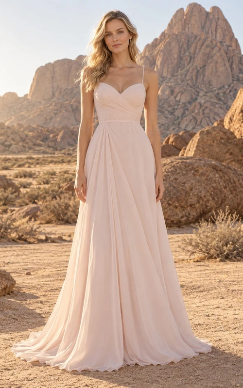 Vestido de novia sencillo de gasa rosa empolvado con tirantes finos y cola larga.