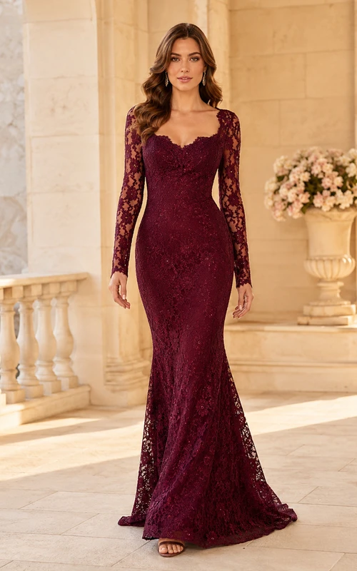 Burgunderfarbenes, formelles Brautkleid mit herzförmigem Ausschnitt, Illusion-Effekt, langen Ärmeln, Meerjungfrauenschnitt und Spitze