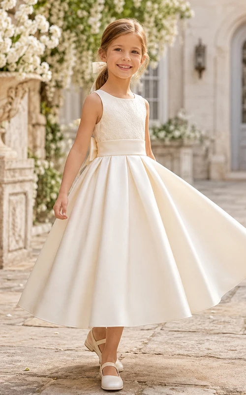 Klassisches A-Linien-Kleid aus Tüll mit Schleife für Blumenmädchen, kurzen Ärmeln, Rundhalsausschnitt, wadenlangem Rock und Schleifendetail.