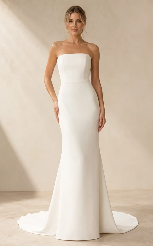 Simple Minimalist Sheath Strapless Sweep Train Wedding Dress