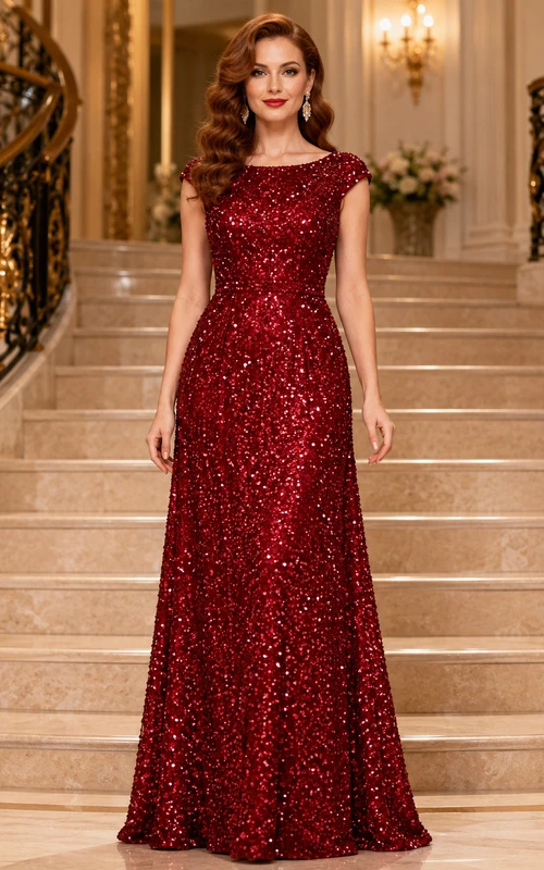 Rotes Pailletten-Abendkleid in A-Linie mit Schmuckkragen