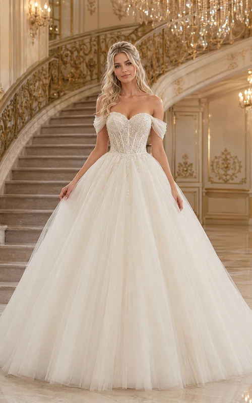 Schulterfreies, voluminöses Tüll-Ballkleid Brautkleid