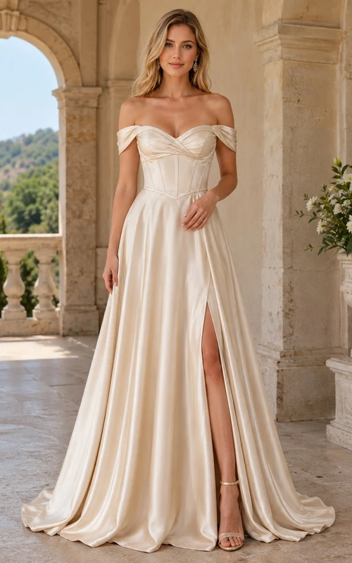 Robe sirène longue fendue sur le côté, sans manches, en satin champagne, épaules dénudées