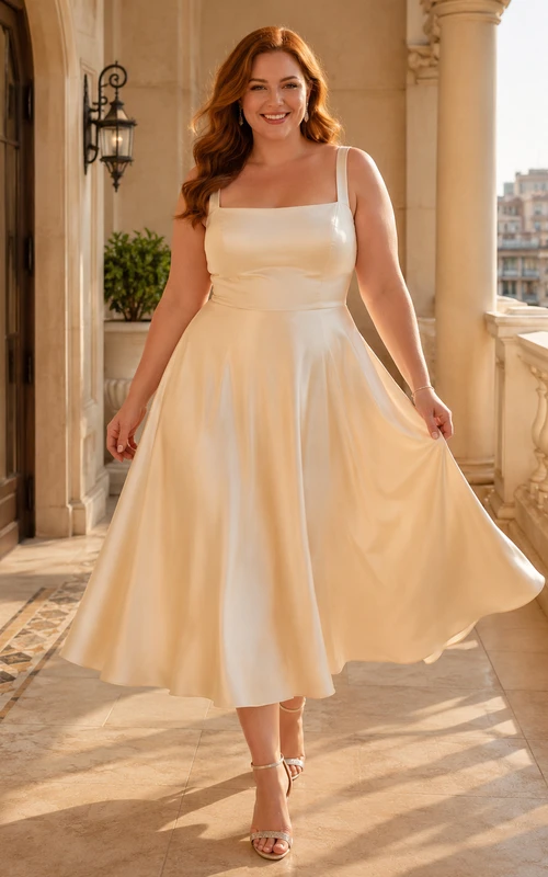 Square Neck Satin Tea-Length Wedding Dress