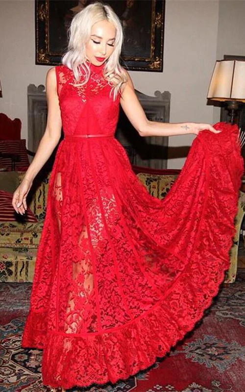Vestido de noche rojo sin mangas con cuello alto y encaje, sexy.