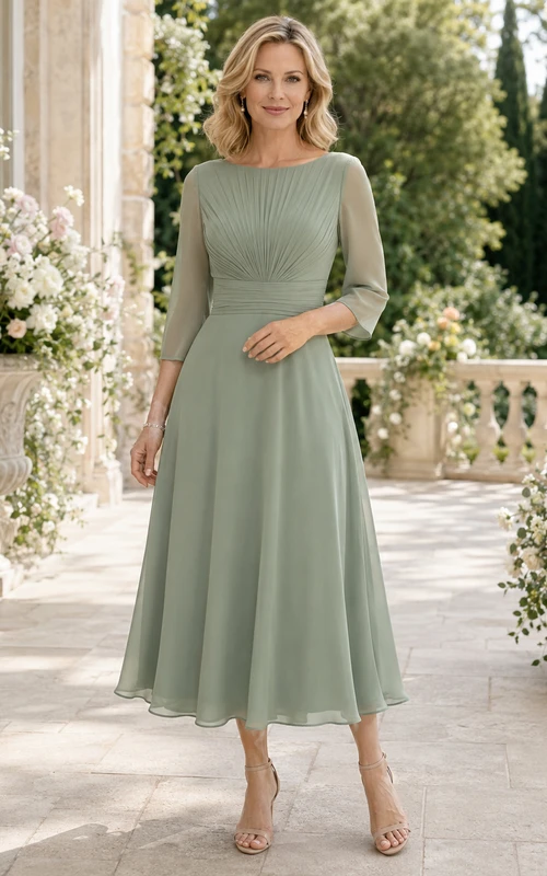 Sage Tea-Length A-Line Modest Mother of the Bride Dress with Three-Quarter Sleeves and Ruched Waist