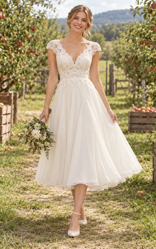 Tea-length Country V-neck Cap Sleeve Lace Chiffon A-line Wedding Dress