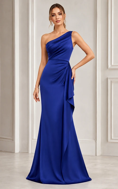 Vestido de noche largo hasta el suelo, de satén azul rey, con un solo hombro, fruncido y drapeado, corte sirena y cola de barrido.