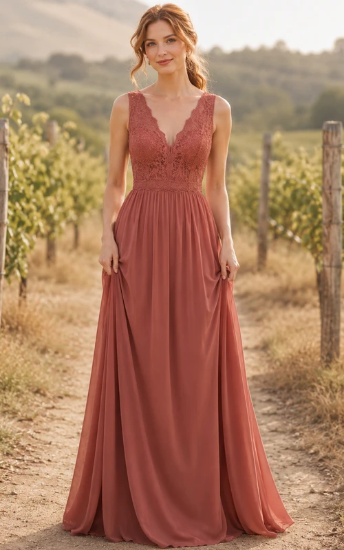 Terracotta V neck lace bodice chiffon floor bridesmaid dress