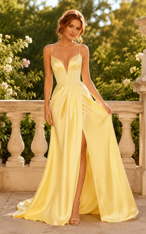 Ballkleid in Narzissengelb, Satin, A-Linie, Spaghettiträger, mit Schlitz, bodenlang