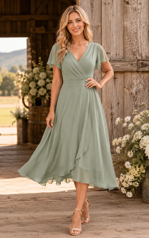 Barn Sage V-Neck Chiffon A-Line Tea-Length Flutter Sleeve Wedding Guest Dress