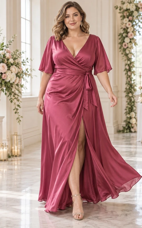 Vestido de dama de honor de talla grande color frambuesa, satén, escote en V, mangas con volantes, abertura y drapeado.