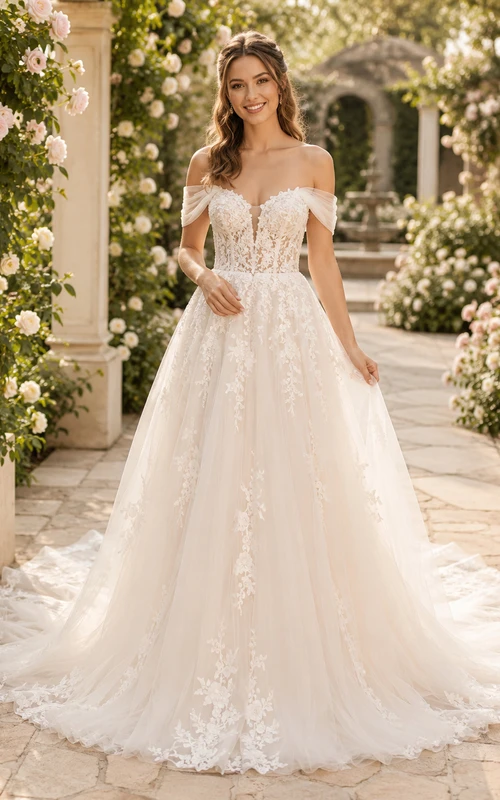 Lace Tulle Wedding Dress Ball Gown Off Shoulder Sweep Train Applique Bridal Gown