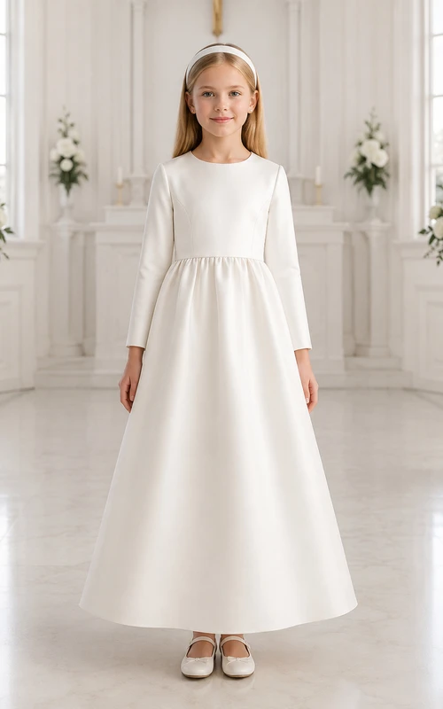 Knöchellanges Kleid mit Satinschleife für Kommunionmädchen, Kommunionkleid