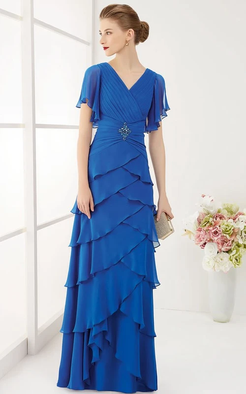 V Neck V Back Layered Chiffon Long Prom Dress With Ruffled Short Sleeves