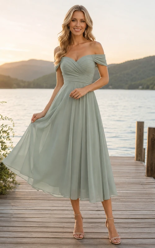 Lakeside Sage Off-Shoulder Tulle Chiffon A-Line Tea-Length Guest Dress