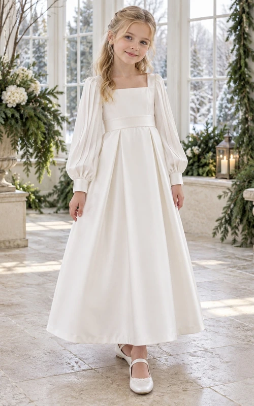 Weißes Satin-Blumenmädchenkleid mit eckigem Ausschnitt, langen Bischofsärmeln und Knöchellänge