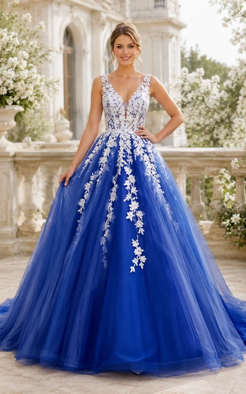 Royal Blue Airy Ball Gown V-Neck Sleeveless Chiffon Tulle Bohemian Wedding Gown