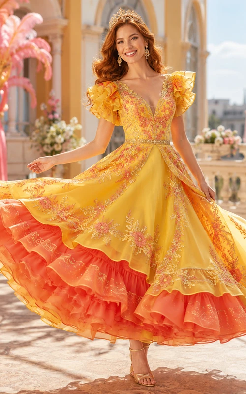 Leuchtend orangefarbenes Karnevals-Prinzessinnen-Teelängenkleid mit eckigem Ausschnitt und floralen Rüschen