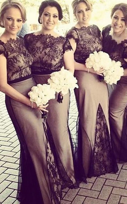Neuestes champagnerfarbenes Meerjungfrauen-Brautjungfernkleid aus Spitze mit kurzen Ärmeln, bodenlang