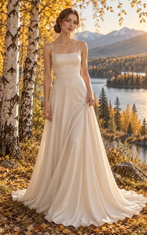 Vestido de novia sencillo de corte A con escote cuadrado y tirantes finos color champán