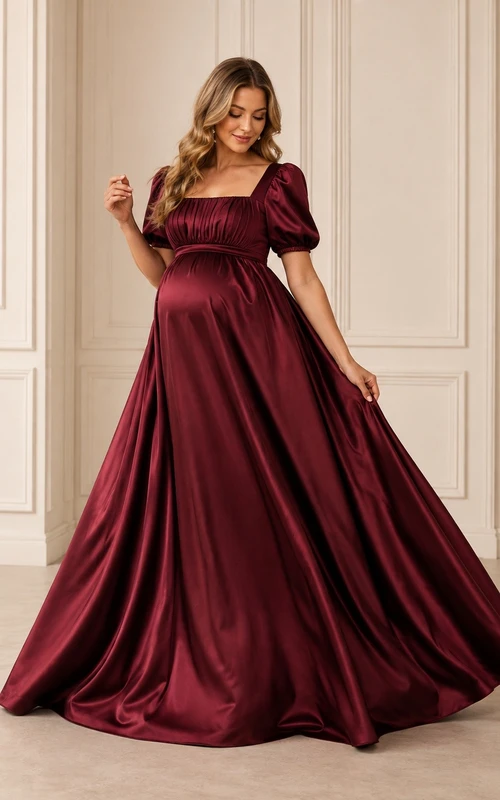 Burgundy Maternity Square Neck Short Sleeve Satin Ball Gown Floor-length Vintage Formal Dress