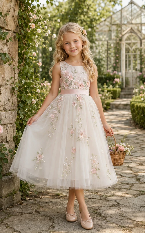 Vestido blanco romántico de tul con corte en A para niña, sin mangas, escote cuadrado, largo hasta la rodilla, apliques de jardín.