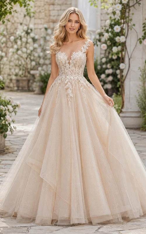 Elegante vestido de noche largo hasta el suelo, sin mangas, de tul color champán con escote en V.