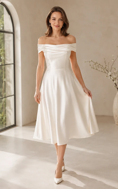 Modern Civil Satin A Line Off Shoulder Tea Length Courthouse Wedding Dress