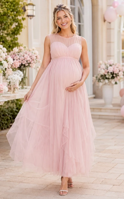 Umstandskleid in Teelänge mit Empire-Stil, hohem Kragen und A-Linien-Schnitt aus Tüll für die Babyparty