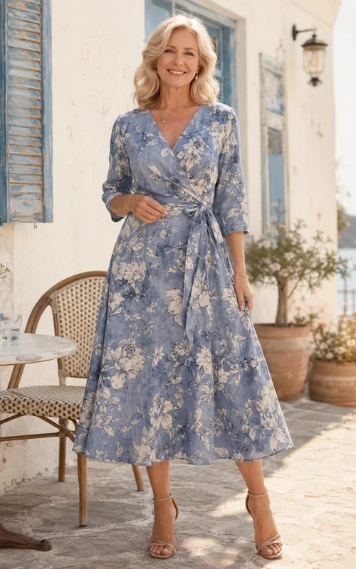 Steel Blue V Neck Three Quarter Sleeve Floral Linen A Line Tea Guest Dress