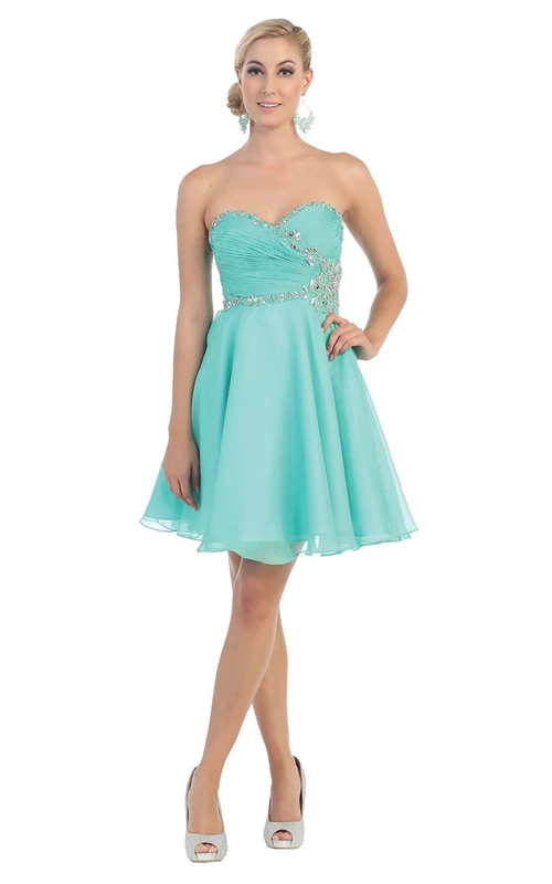Ärmelloses A-Linien-Minikleid aus Chiffon mit herzförmigem Dekolleté, Reißverschluss, gekreuzten Verzierungen und Perlenstickerei